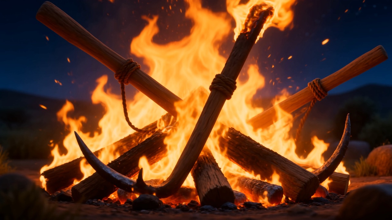 A bonfire of broken ploughs blazes in the evening field