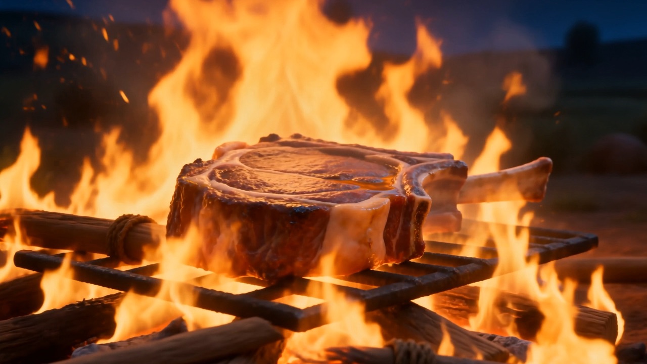 Meat roasts over the burning yokes
