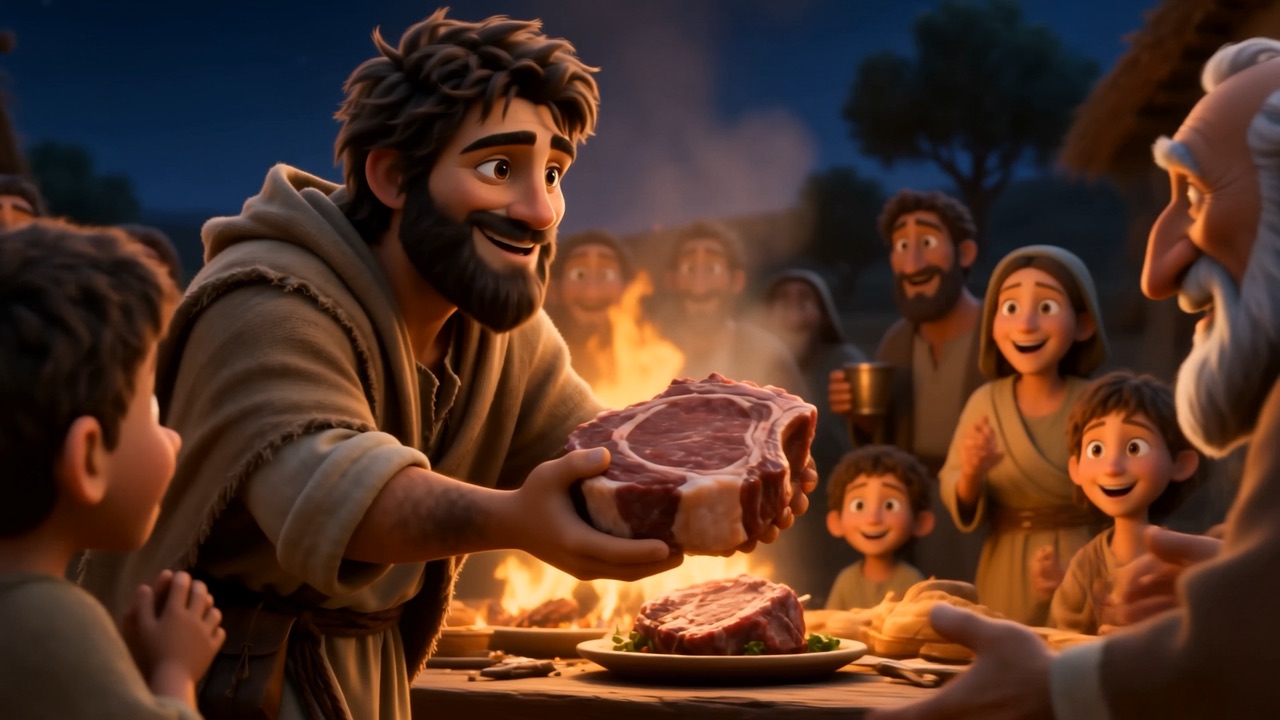 Elisha carries a platter to a crowd of neighbours
