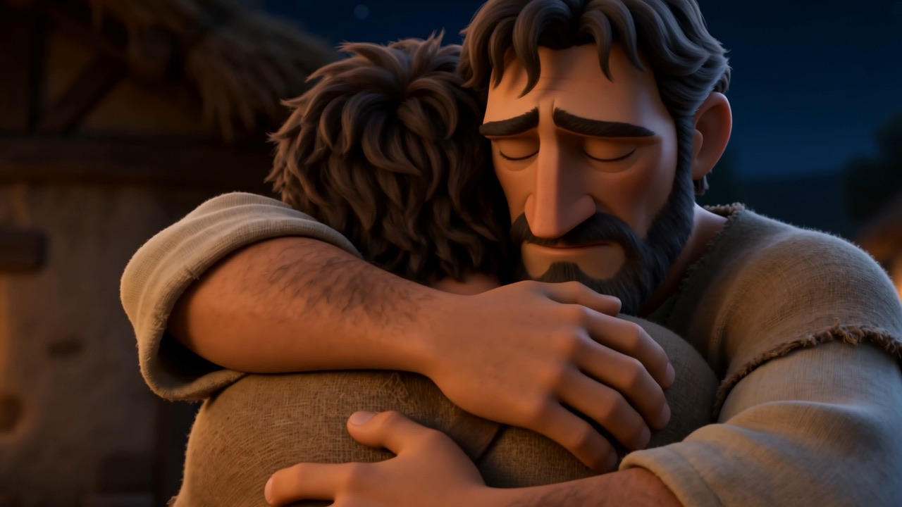 He holds his parents close, saying goodbye