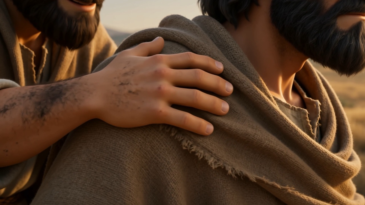 An older hand rests on the young man's shoulder