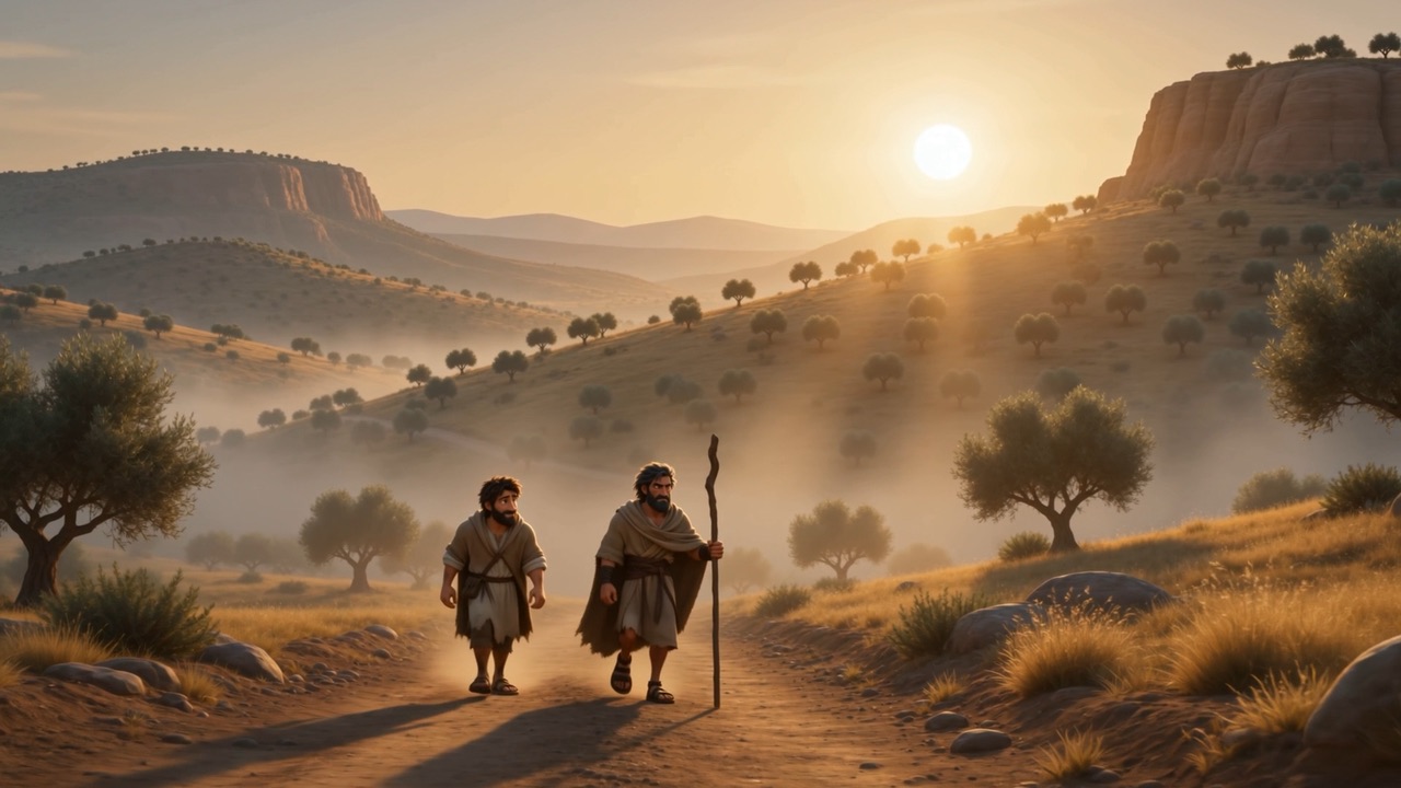 Two figures walk the dusty road together into the light