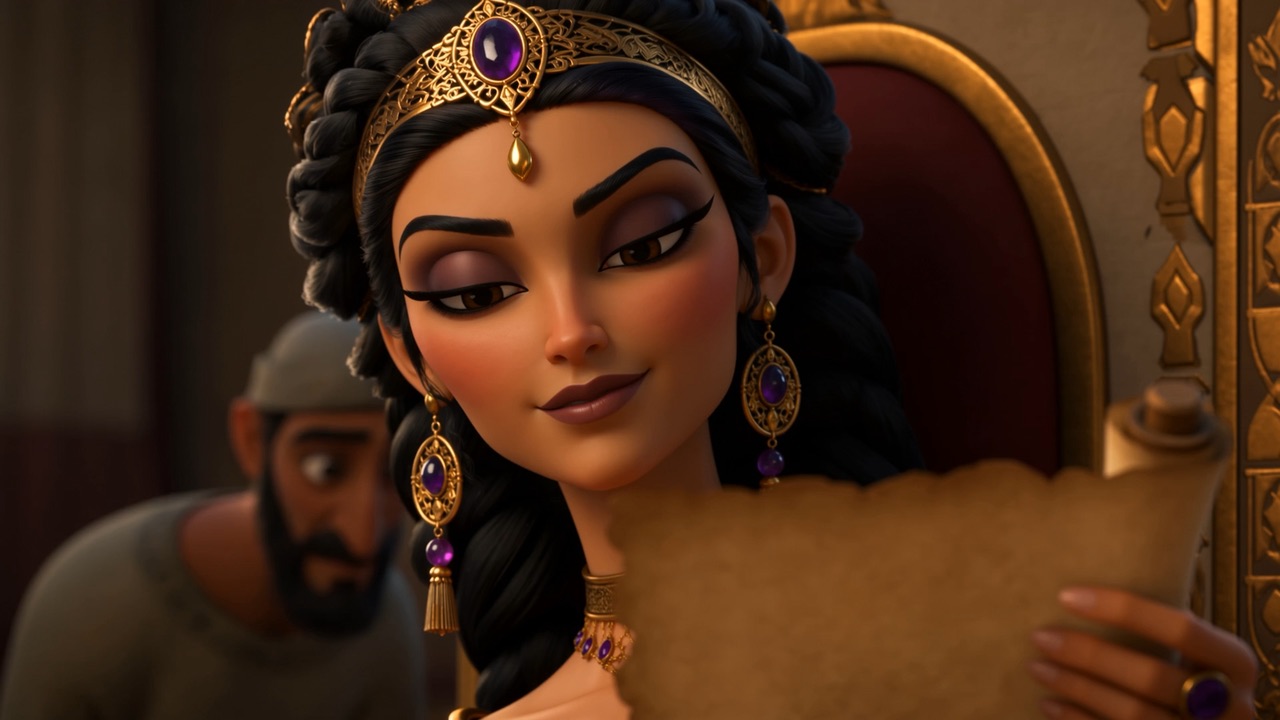 The queen's face, close, entirely in charge of the room