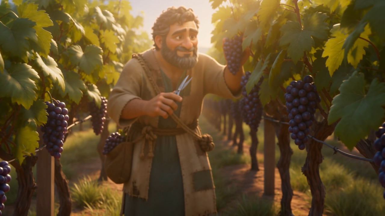 Naboth lifts a bunch of grapes, pruning knife in hand