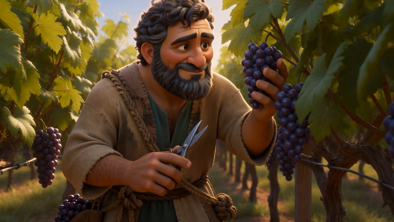 He turns them in the light, checking the fruit