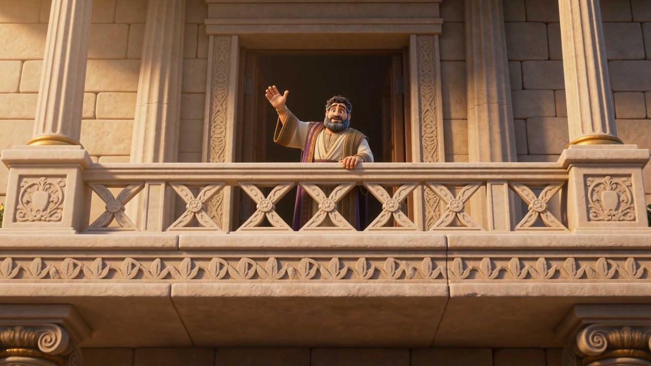 From below: the king calls down from his balcony