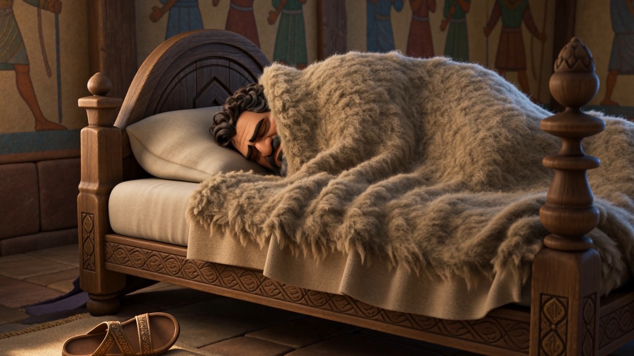 A grown man sulking under a fur blanket