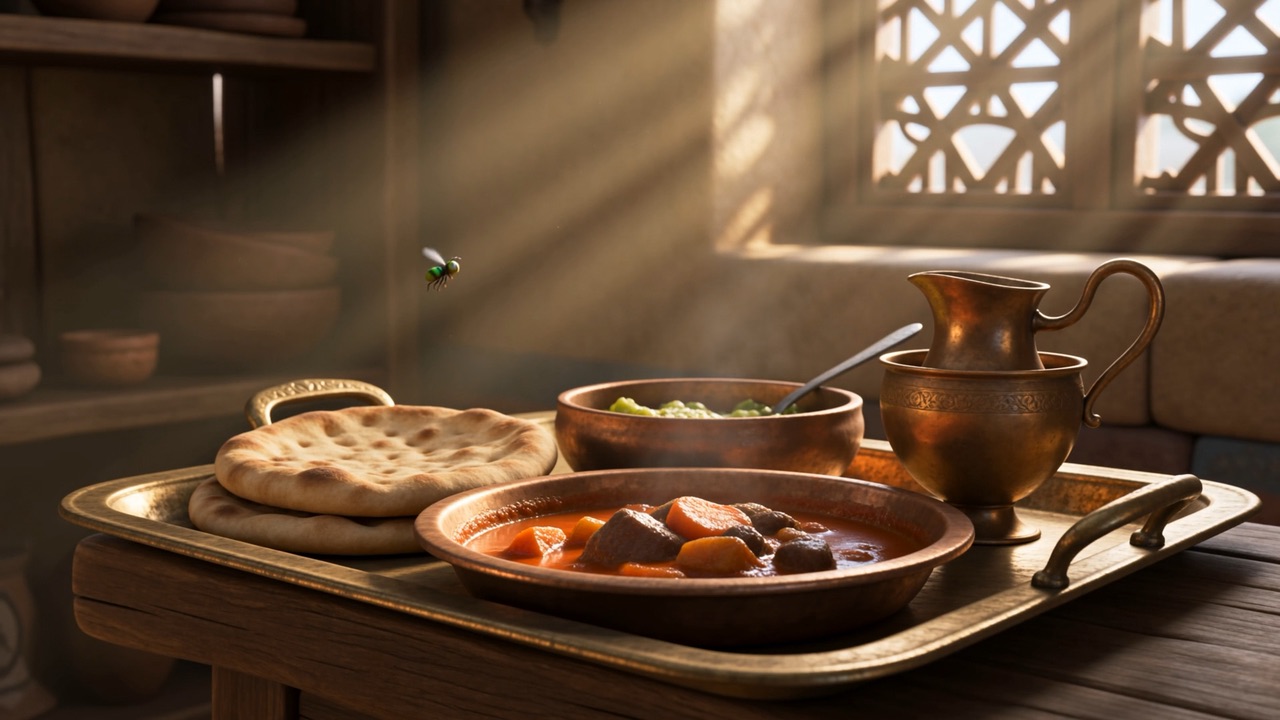 An untouched dinner tray in a shaft of light