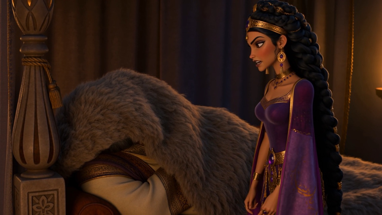 She looks down at the sulking king