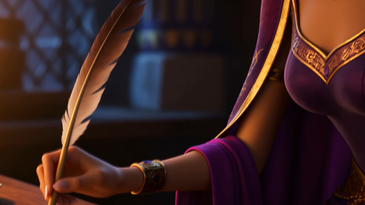A ringed hand dips a quill and begins to write