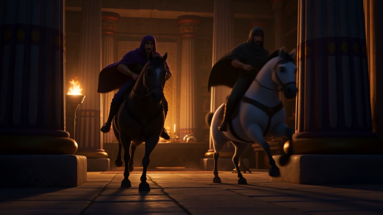 Riders take the letters out through the palace gate at night