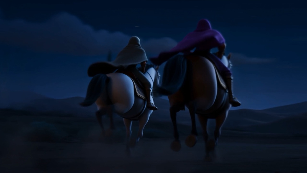 Horsemen cross the dark plain toward Jezreel