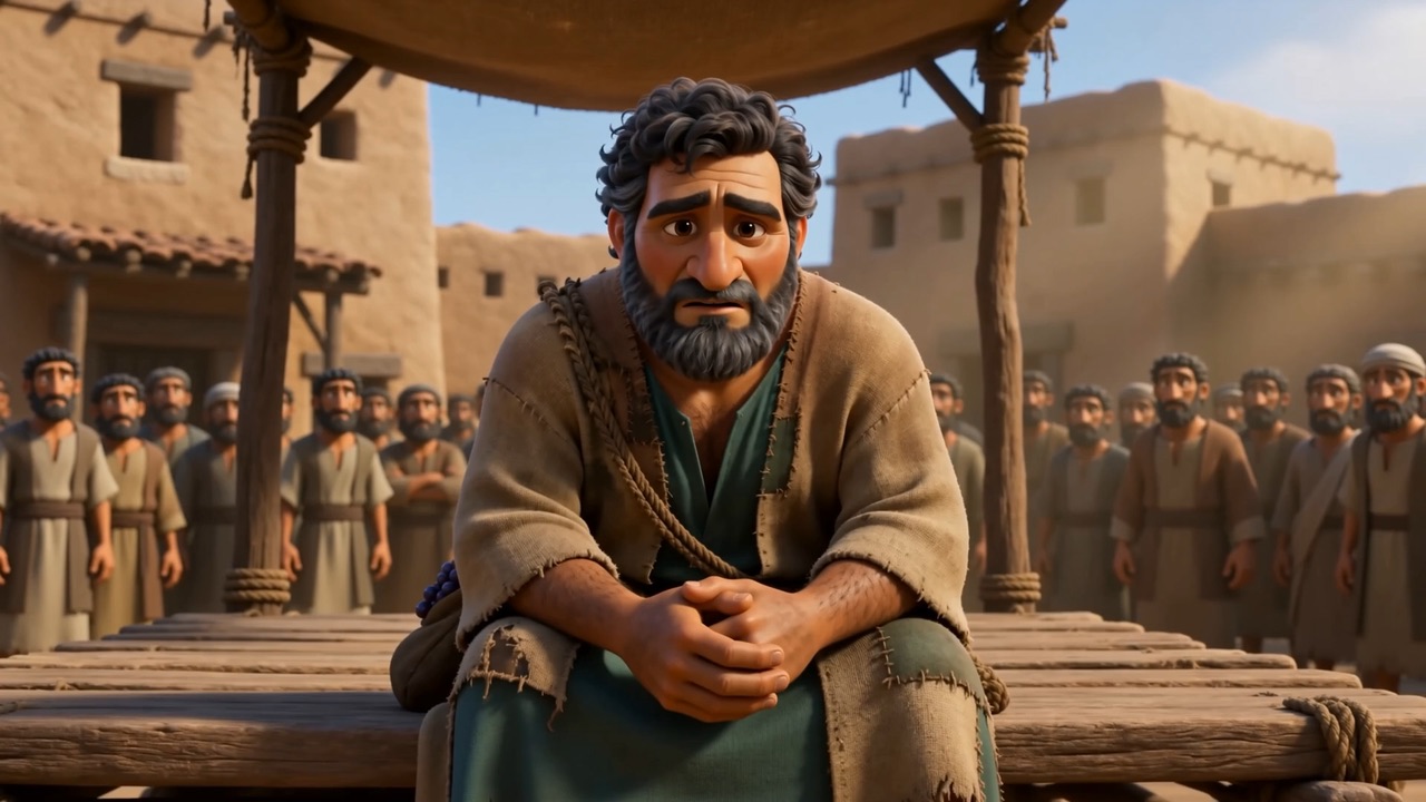Naboth sits on a bench in the town square, hands folded