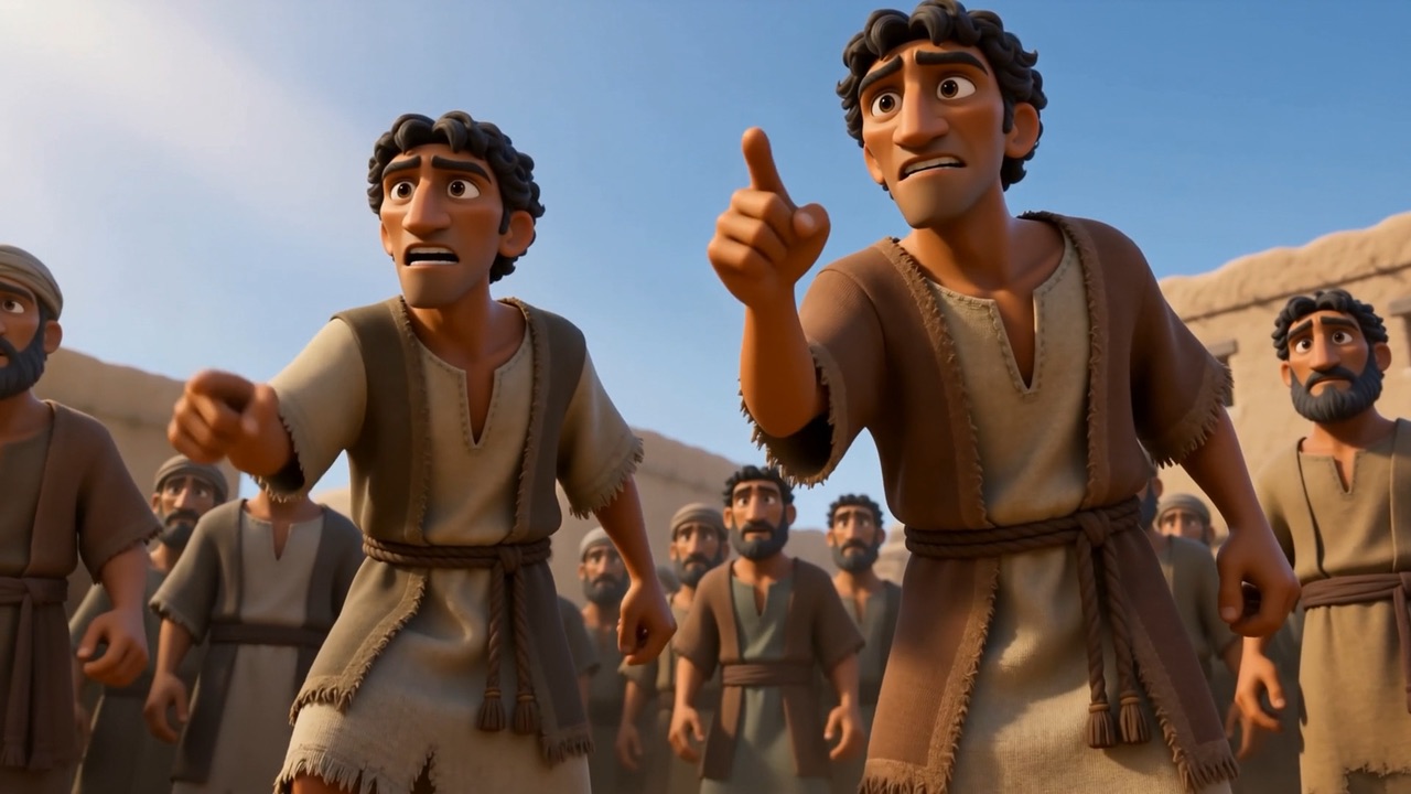 Two men point at him, giving their evidence