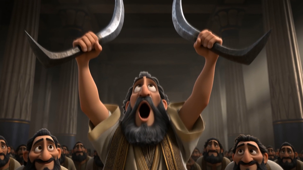 One waves iron horns over his head, acting out the victory