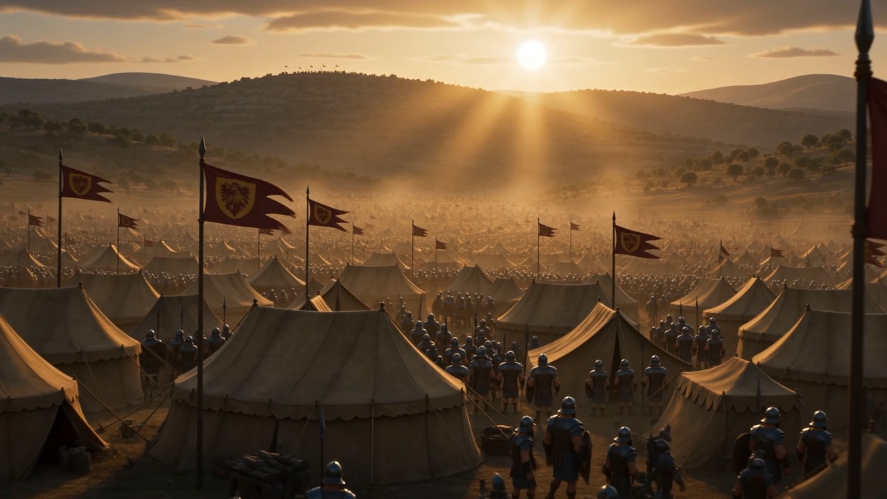 An army camp of tents and banners at sunrise