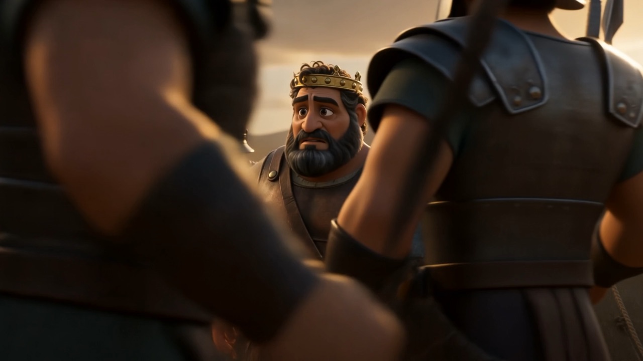Ahab is buckled into plain armour, crown coming off