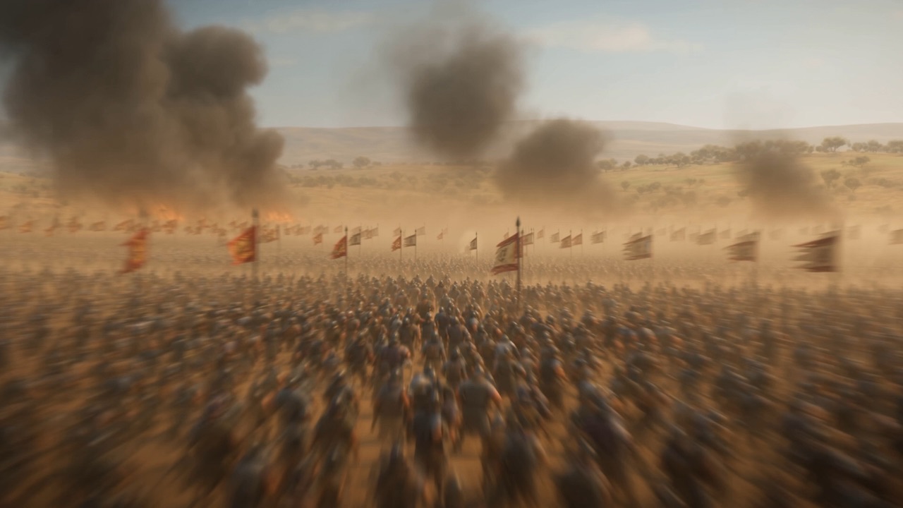 Two armies close on a dusty plain