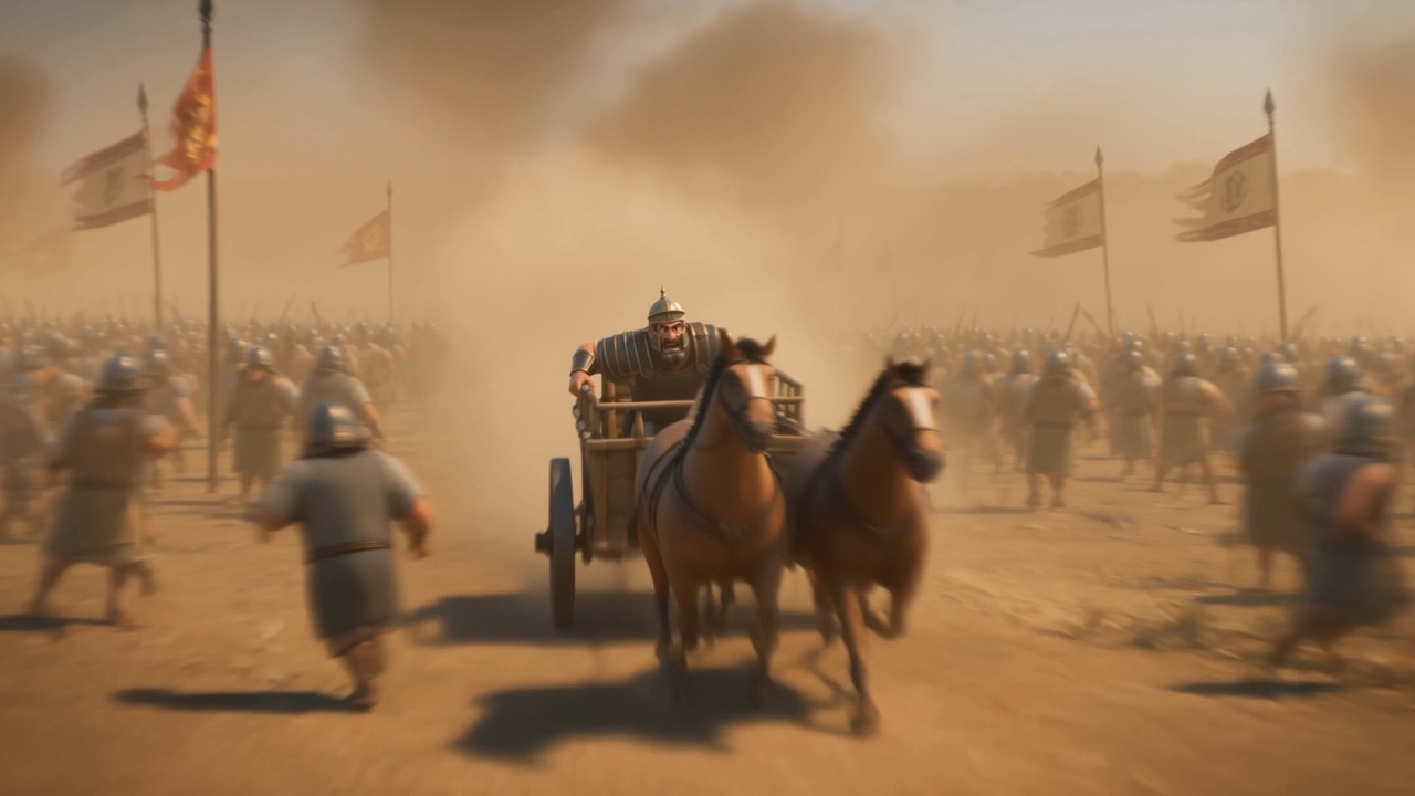 A chariot wheels through the smoke and noise