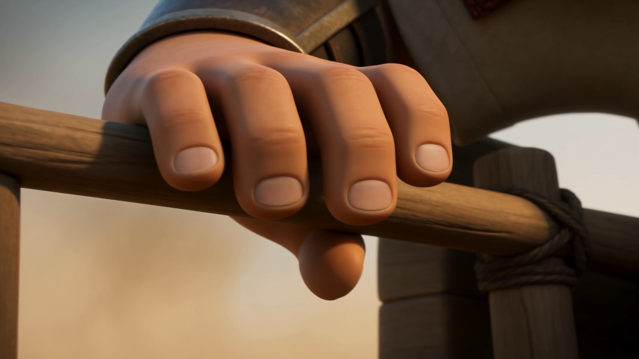 A hand grips the chariot rail