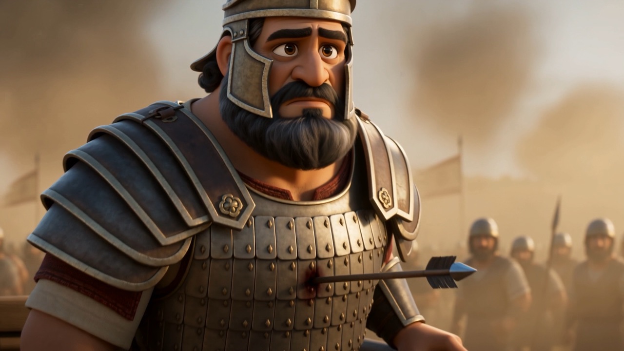 An arrow stands in the joint of his armour
