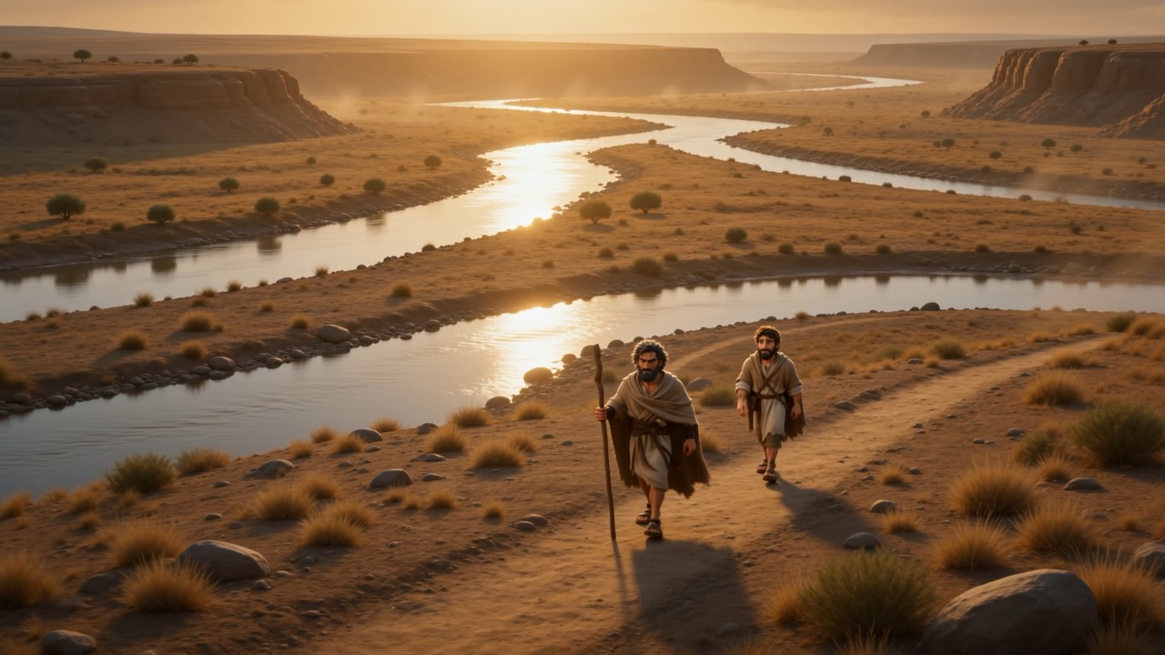 Two figures walk a river valley in the morning light