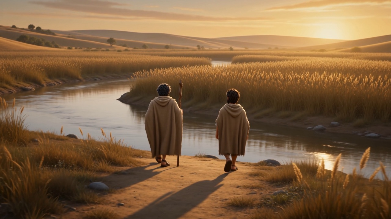 The two of them walk on together down the water