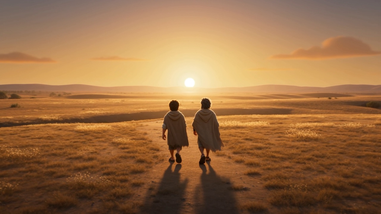 They walk into the low sun, small against the plain