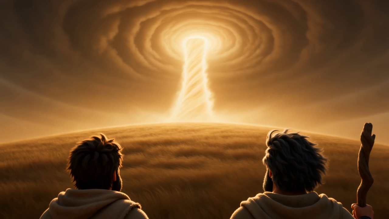 A pillar of light opens on the horizon ahead of them