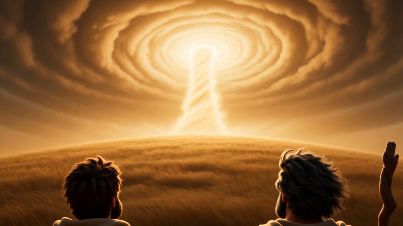 Both men stop and stare at the burning sky