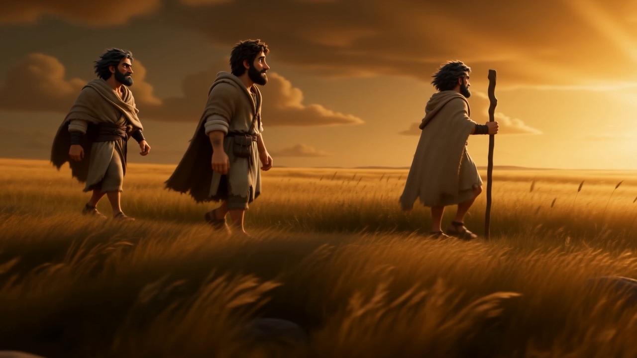 The two walk on, still talking, in the golden grass