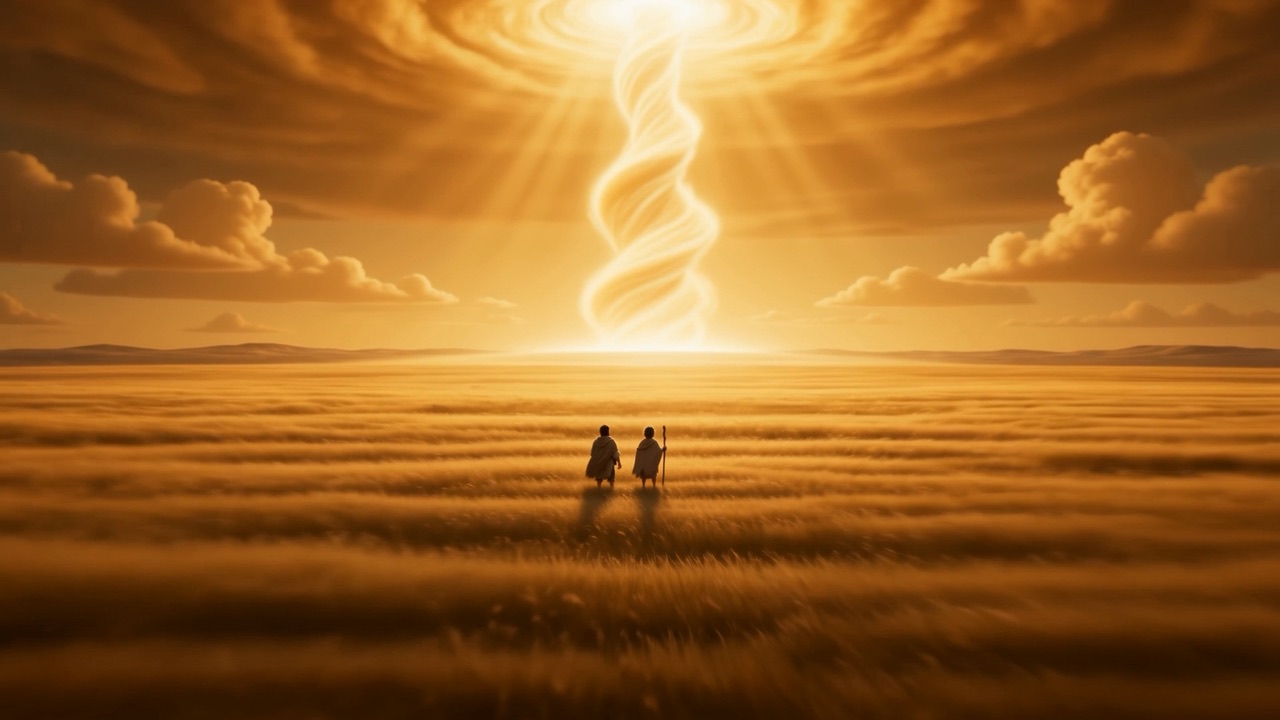 Two small figures before an enormous column of fire