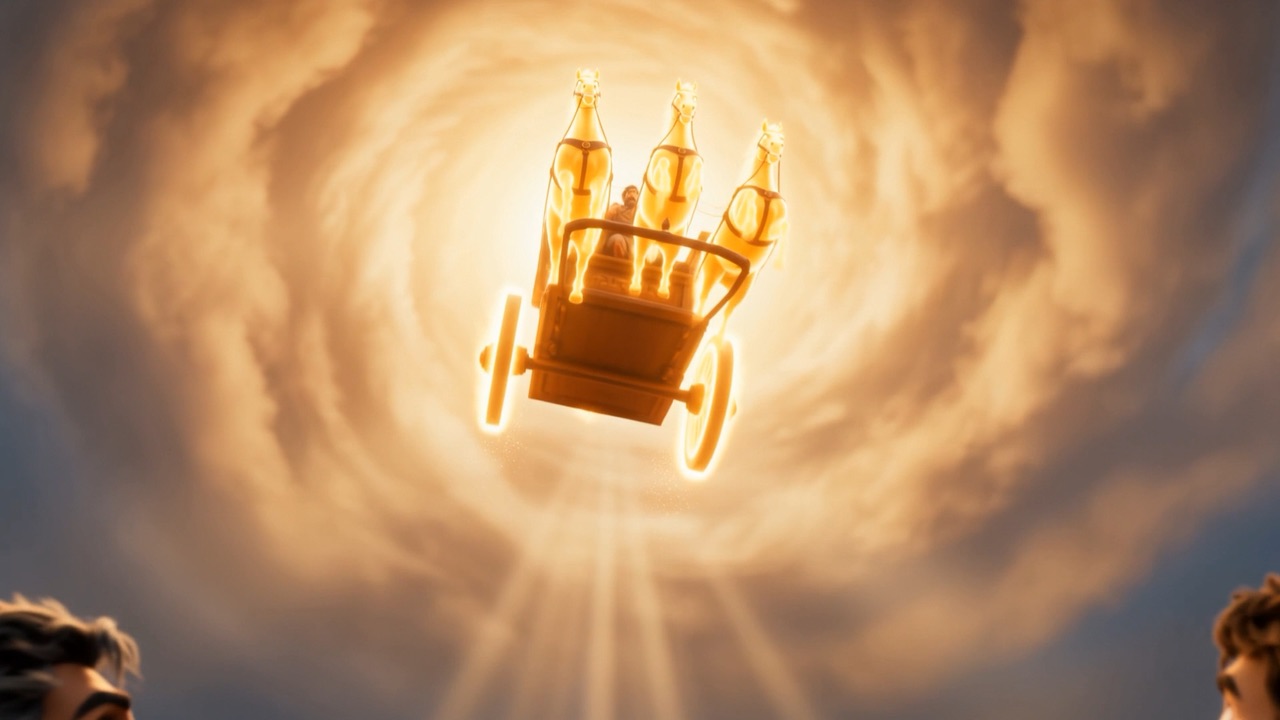 A chariot of fire wheels down out of the whirlwind