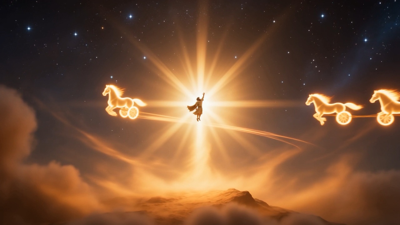 Far above: a figure rising in a track of light