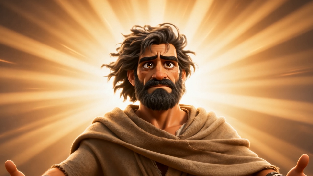 Elisha stands with his arms out, staring up, alone