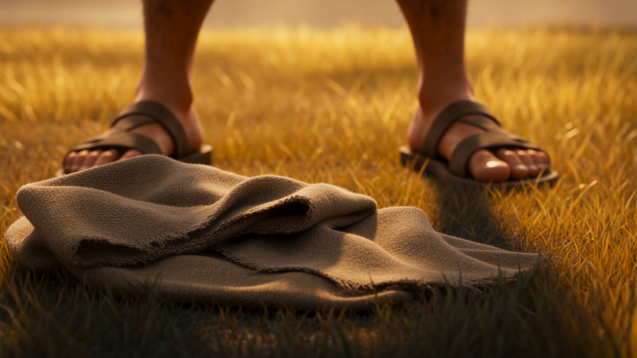 The old cloak lying in the grass between his feet