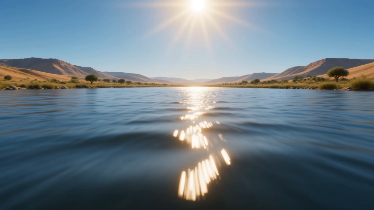 Still water at dawn with a path of light across it