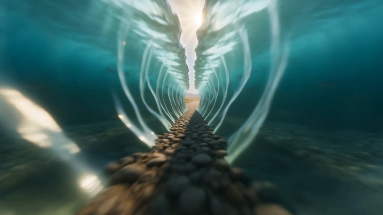 The river opens into a corridor with walls of water