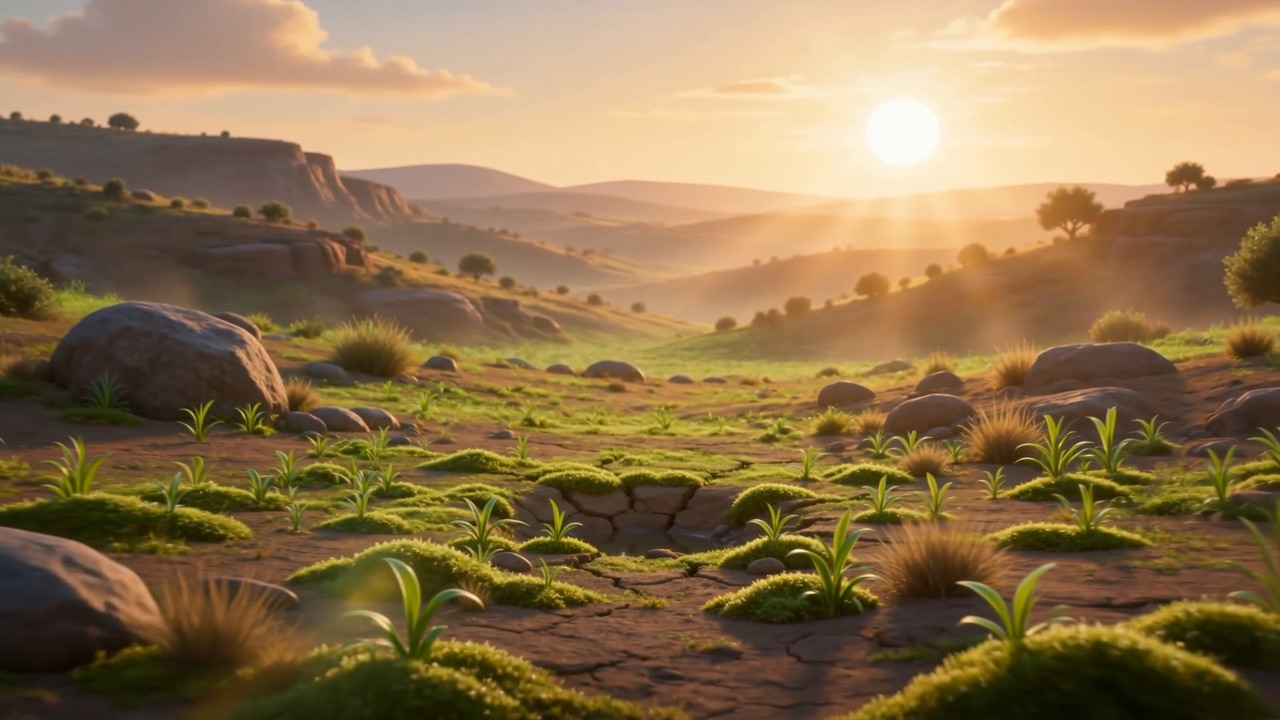 Green shoots coming up all across a valley at sunrise