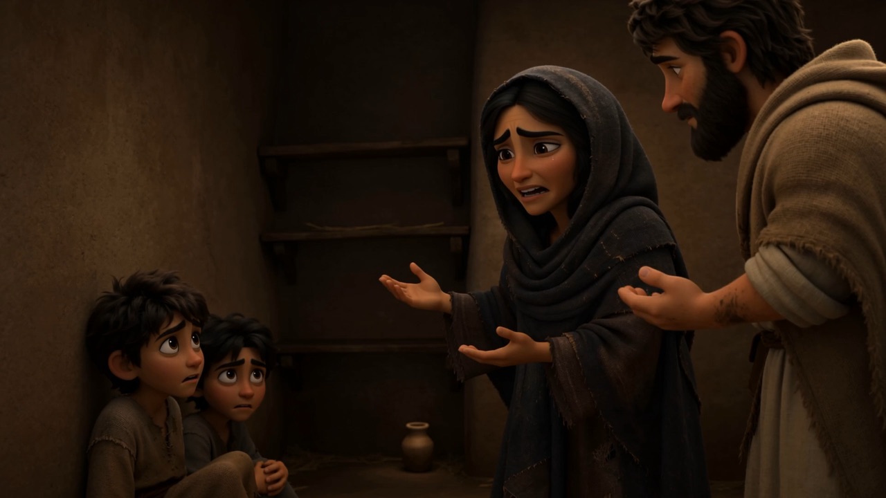 A widow in a bare room with her two boys, hands open