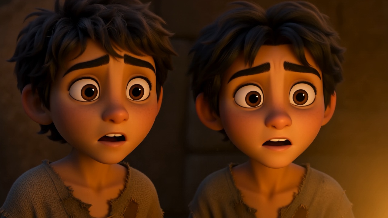 The boys' faces, lit orange