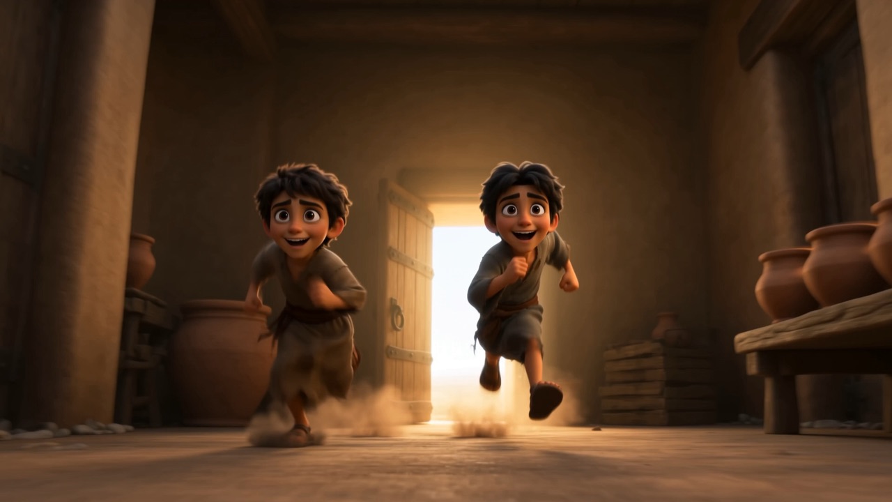 One boy sprints out of the door for more