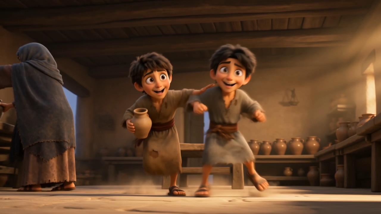 Both of them running with jars under their arms