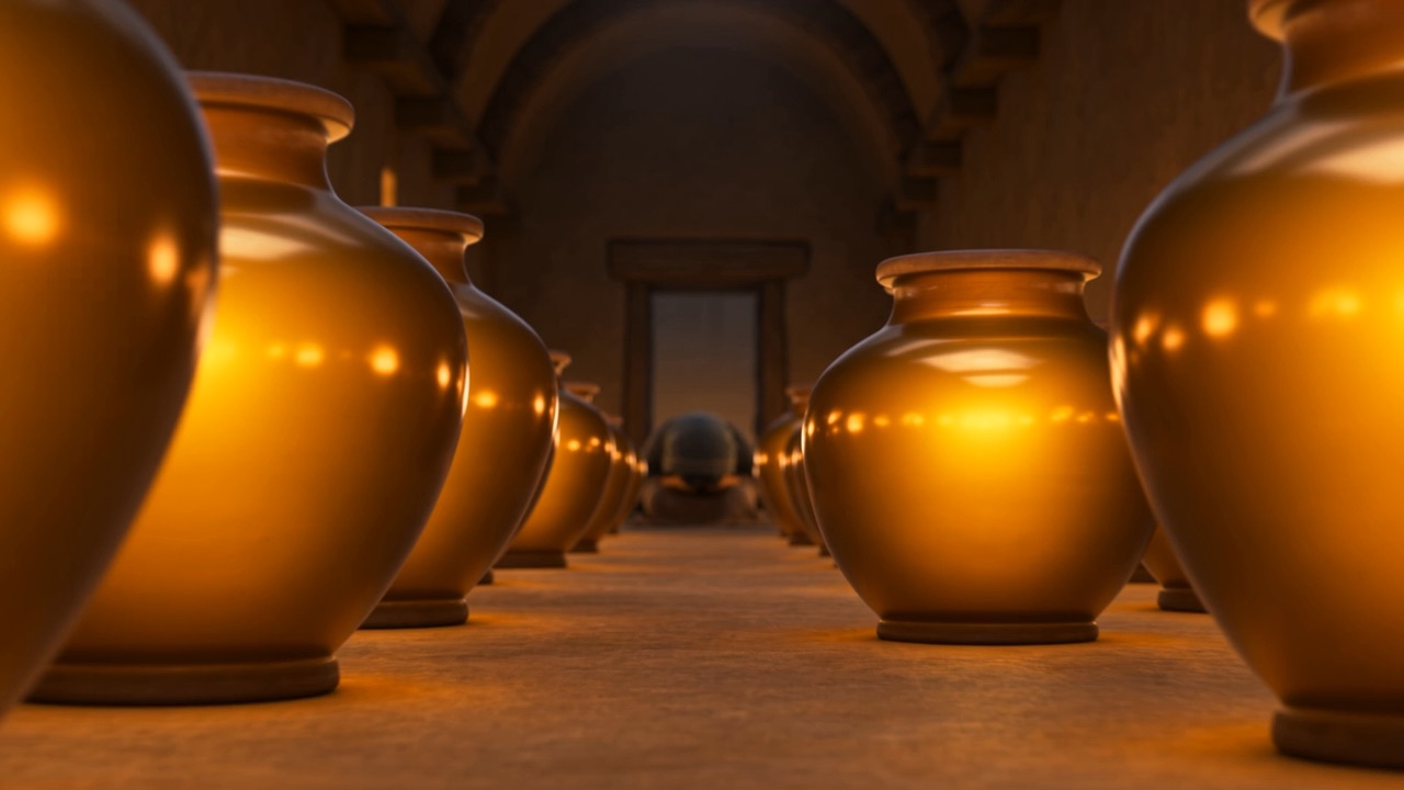 Rows of gold-filled jars receding into a room