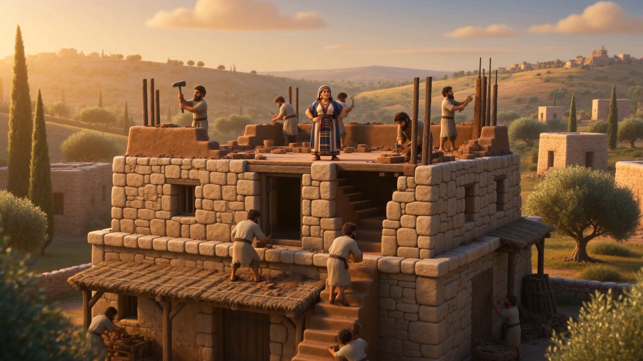 Men building a small room on a flat roof at sunset