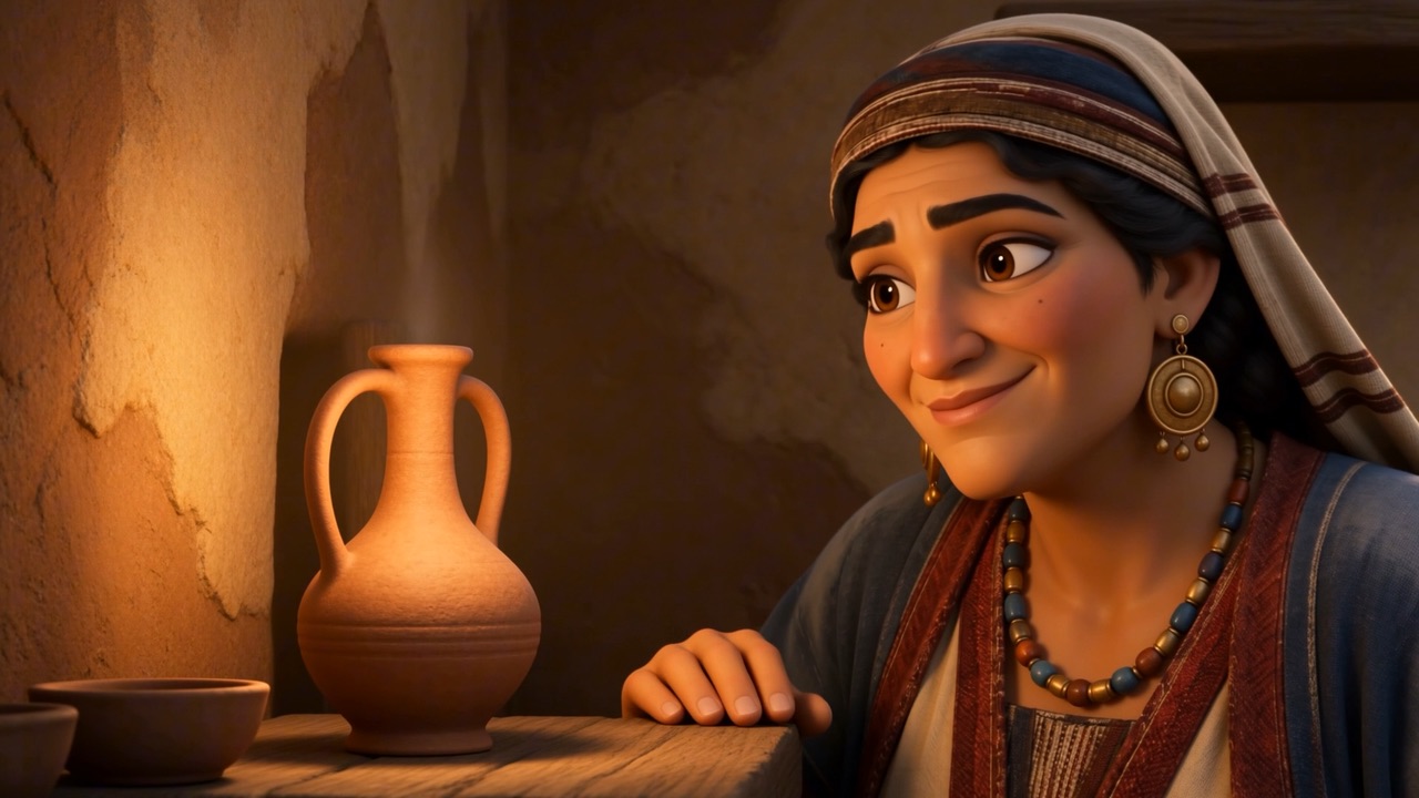 A jug on a shelf, and her satisfied face