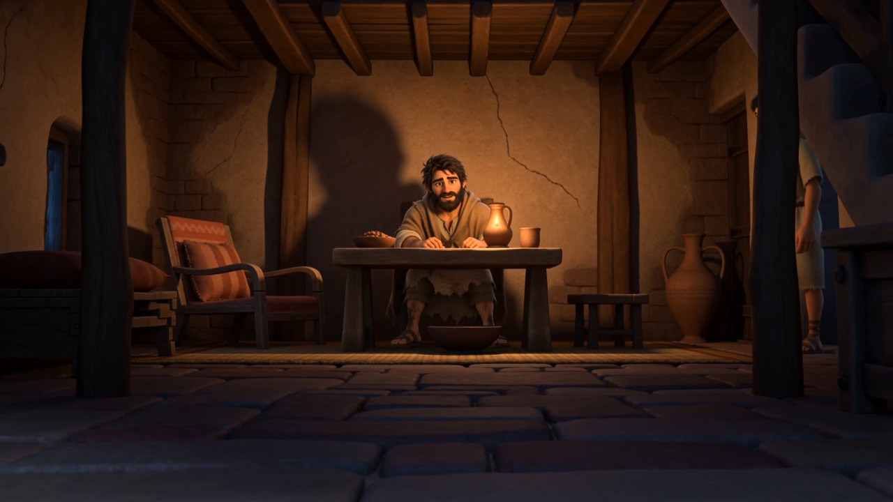 Elisha at the table in the roof room, thinking