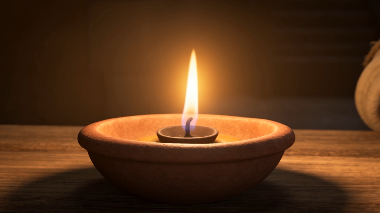 A single flame in a clay lamp