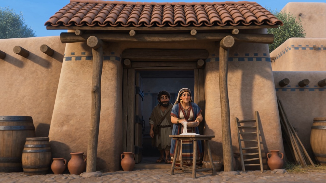 She stands in the doorway, not coming in