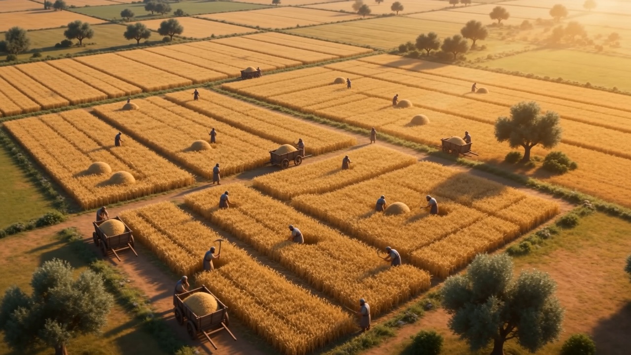 A wide harvest field with reapers working across it